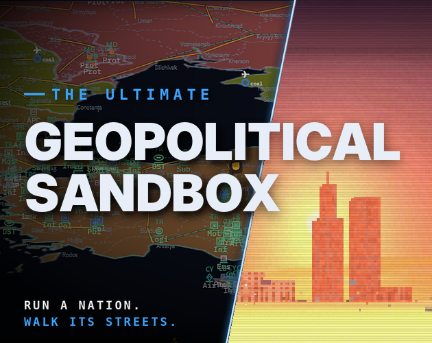 The Ultimate Geopolitical Sandbox cover art: a strategic map of Turkey and the Black Sea beside a street-level view of a city skyline at sunset